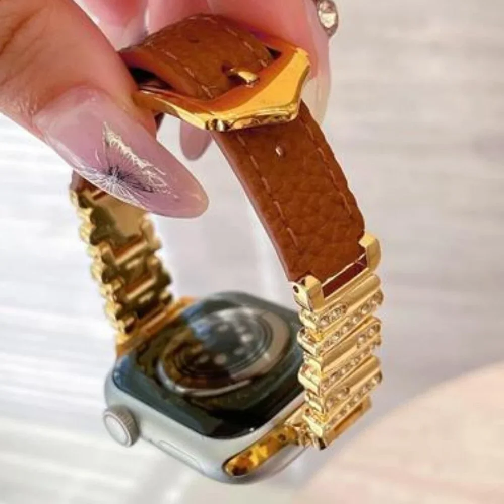 NEW Brown/Gold Leather Slim Apple Watch Band - Picture 5 of 5